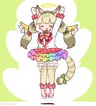  1girl angel angel_wings animal_ears arms_up boots bow bowtie cat_ears cat_girl cat_tail coroha extra_ears full_body gloves green_background grey_hair jacket jumping jungle_cat_(kemono_friends) kemono_friends kemono_friends_v_project long_hair microphone ribbon simple_background skirt solo tail thighhighs twintails virtual_youtuber wings 