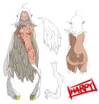  1girl absurdres ahoge ass bird_legs blush bodypaint completely_nude digitigrade forehead_jewel grey_feathers grey_wings harpy highres hinekure-boy long_hair monster_girl neck_fur nude original pointy_ears simple_background solo talons tan white_background white_eyes white_hair wings 