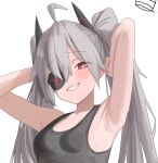  1girl absurdres ahoge armpits arms_up blush breasts bright_pupils djmax djmax_respect eyepatch fail_(djmax) grey_hair grey_tank_top grin hair_ornament highres long_hair looking_at_viewer red_eyes simple_background small_breasts smile solo syc2159 tank_top twintails white_background white_pupils 
