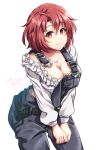  1girl belt black_belt black_overalls breasts cleavage closed_mouth collarbone cow_girl_(goblin_slayer!) cowboy_shot frilled_shirt frills goblin_slayer! grey_shirt highres kankitukou large_breasts long_sleeves looking_at_viewer overalls pants red_hair shirt short_hair smile solo 