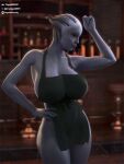 2024 3:4 3d_(artwork) alien alien_humanoid apron apron_only asari bar big_breasts blue_body blue_skin breasts clothing collarbone digital_media_(artwork) eyebrows eyes_closed female hand_on_hip hi_res huge_breasts humanoid liara_t&#039;soni mass_effect not_furry plague_of_humanity_(artist) solo