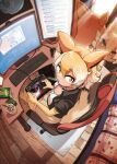  1girl animal_ears blonde_hair chair controller coyopotato coyote_(kemono_friends) elbow_gloves extra_ears game_controller gloves highres jacket kemono_friends kemono_friends_v_project keyboard_(computer) looking_at_viewer mcgunngu microphone monitor shirt short_hair skirt stuffed_toy tail thighhighs virtual_youtuber wolf_ears wolf_girl wolf_tail yellow_eyes 