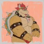 0rang3 2024 anthro armband barazoku beverage big_muscles big_pecs border bowser bracelet bulge clothed clothing collar container cup eyebrows flexing grey_border hair hi_res horn jewelry kemono koopa male mario_bros musclegut muscular muscular_anthro muscular_male nintendo pecs scalie shell simple_background solo spiked_armband spiked_bracelet spiked_collar spiked_shell spikes spikes_(anatomy) standing straw tan_background thick_arms thong thong_only tongue tongue_out topless topless_anthro topless_male underwear underwear_only