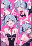  1girl absurdres animal_ears aqua_eyes aqua_hair armband black_armband black_leotard blue_hair bow bowtie breasts clothing_cutout cutout_above_navel detached_collar doughnut fake_animal_ears food from_side hair_ornament hairband hashtag_only_commentary hatsune_miku heart heart-shaped_pupils heart_cutout highres iruka3 leotard medium_breasts multiple_views naughty_face necktie open_mouth pink_background pink_hair rabbit_ears rabbit_hole_(vocaloid) red_bow red_bowtie red_necktie short_necktie simple_background stuffed_animal stuffed_rabbit stuffed_toy symbol-shaped_pupils teardrop_facial_mark twintails v-shaped_eyebrows vocaloid wavy_hair white_hairband x_hair_ornament x_x 
