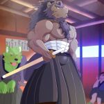 1:1 abs anthro brown_body brown_fur felid fur hair hi_res katana kendo lifewonders lion live_a_hero male mammal melee_weapon muscular muscular_anthro pantherine pecs ponytail seiga_oekakicho shirtless sword toshu weapon