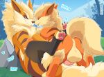 alpha_(mating_season) anal anal_penetration anthro anus arcanine backsack balls big_balls blonde_hair blue_eyes butt canid canine delta_(mating_season) duo erection eye_contact fluffy fluffy_tail fur generation_1_pokemon genitals hair hi_res larger_penetrated leaning leaning_backward looking_at_another male male/male mammal nikkibunn nintendo orange_body orange_fur penetration penile penile_penetration penis_in_ass pokemon pokemon_(species) size_difference small_dom_big_sub smile tail tongue tongue_out