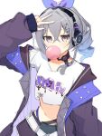  1girl arm_up belt black_shorts blue_hair blue_ribbon braid bubble_blowing chewing_gum clothes_writing coat collarbone commentary_request crossed_bangs drill_hair drill_ponytail gradient_hair grey_eyes grey_hair hair_between_eyes hair_ornament hair_ribbon hairpin headphones highres honkai:_star_rail honkai_(series) long_hair long_sleeves looking_at_viewer multicolored_hair navel open_clothes open_coat ponytail puffy_long_sleeves puffy_sleeves purple_coat purple_shorts ribbon shirt short_sleeves shorts sidelocks silver_wolf_(honkai:_star_rail) simple_background single_braid solo sparkle standing t-shirt two-tone_shorts uwasewau w white_background white_belt white_shirt 