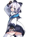  absurdres black_gloves blue_archive blue_skirt fingerless_gloves gloves green_eyes highres jacket medium_hair original school_uniform skirt thighhighs thighs v wang0424 white_hair white_jacket white_thighhighs 