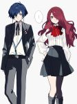  ... 1boy 1girl black_jacket black_pants black_ribbon black_skirt blue_eyes blue_hair bow bowtie collared_shirt earphones gekkoukan_high_school_uniform hair_between_eyes hair_over_one_eye hand_in_pocket hand_on_own_hip highres jacket kirijou_mitsuru long_hair long_sleeves m0rtalcoil0 neck_ribbon pants persona persona_3 red_bow red_bowtie red_eyes red_hair ribbon school_uniform shirt simple_background skirt spoken_ellipsis white_shirt yuuki_makoto_(persona_3) 