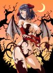  absurdres bare_tree bat bat_wings bikini blue_hair blush body_blush breasts bridal_gauntlets claws collarbone commentary_request crescent_moon cross crossed_arms demon_girl demon_horns demon_tail demon_wings elbow_gloves fence fingernails gloves gradient gradient_background grin halloween heart_cutout highres horns jijo_(kakitama) kakitama large_breasts long_fingernails looking_at_viewer monsterification moon nail_polish navel orange_sky original pointy_ears purple_eyes revealing_clothes sharp_fingernails short_hair silhouette sky slit_pupils smile solo swimsuit tail teeth tree wings 