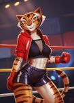 2024 abs anthro athletic athletic_anthro athletic_female black_nose black_stripes bottomwear boxing_gloves breasts cleavage clothed clothing dreamworks felid female fighting_ring fur hacatiko handwear hi_res jacket kung_fu_panda mammal master_tigress multicolored_body multicolored_fur navel orange_body orange_fur pantherine shorts smile solo striped_body striped_fur stripes tiger topwear two_tone_body two_tone_fur white_body white_fur