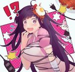 !? 1girl @_@ ^^^ apron arm_at_side bandaged_arm bandages black_hair blunt_bangs blunt_ends blush breasts brown_eyes cable commentary danganronpa_(series) danganronpa_2:_goodbye_despair eyelashes fingernails flying_sweatdrops food food_on_head fried_egg grin hand_up highres large_breasts long_hair looking_at_viewer mole mole_under_eye monokuma monomi_(danganronpa) nurse object_on_head okazaki_milte open_mouth panicking pasta peeking_out pink_background pink_shirt polka_dot polka_dot_background puffy_short_sleeves puffy_sleeves shirt short_sleeves simple_background smile solo spaghetti star_(symbol) sweatdrop teeth tsumiki_mikan two-tone_background upper_body very_long_hair white_apron white_background wide-eyed 
