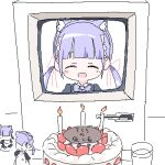  1girl animal_ear_hairband animal_ears apple_inc. birthday birthday_cake black_sleeves blunt_bangs blush bow bowtie cake candle cat_ear_hairband cat_ears closed_eyes computer facing_viewer fake_animal_ears figure food hair_ribbon hairband lokulo-chan lokulo_no_mawashimono long_hair low_twintails lowres macintosh open_mouth original purple_bow purple_bowtie purple_hair red_ribbon ribbon smile straight-on strawberry_shortcake twintails 