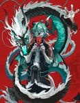 ambiguous_gender anlmlsm_(artist) anthro blue_eyes blue_hair dragon duo feral hair hi_res mythological_creature mythological_scalie mythology red_background scalie simple_background wings