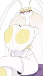 absurd_res antennae_(anatomy) anthro areola arthropod big_breasts blush blush_lines bodily_fluids breasts crossed_legs evilcrispicular female generation_7_pokemon half-closed_eyes hi_res huge_breasts narrowed_eyes nintendo nipples pheromosa pokemon pokemon_(species) shell simple_background solo sweat sweatdrop ultra_beast white_background white_shell yellow_areola yellow_nipples