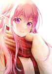 1girl highres long_hair looking_at_viewer makuzawa_ouka megami_no_kafeterasu parted_lips pink_eyes pink_hair plaid plaid_scarf red_scarf scarf seo_kouji solo sweater upper_body white_sweater 