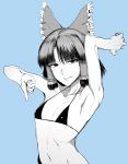  1girl anegawa_eiji armpits arms_up bangs bikini bikini_top black_bikini blue_background bow collarbone hair_bow hair_tubes hakurei_reimu looking_at_viewer monochrome navel short_hair simple_background smile solo swimsuit touhou upper_body 