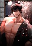  1boy abs absurdres artist_request bare_pectorals black_hair cherry_blossoms fushiguro_touji green_eyes highres japanese_clothes jujutsu_kaisen kimono large_pectorals looking_at_viewer male_focus mature_male muscular muscular_male nipples open_clothes open_kimono pectorals scar scar_on_face scar_on_mouth seductive_smile short_hair smile solo upper_body 