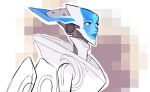  bald blue_eyes blue_lips commentary echo_(overwatch) english_commentary hologram looking_at_viewer miranda_yeo nose overwatch pixelated robot solo upper_body 