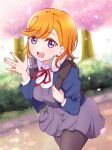  1girl absurdres backpack bag black_bag blue_jacket brown_pantyhose cherry_blossoms commentary_request dress grey_dress headphones headphones_around_neck highres jacket long_sleeves looking_at_viewer love_live! love_live!_superstar!! neck_ribbon open_clothes open_jacket orange_hair outdoors pantyhose purple_eyes red_ribbon ribbon ritaso school_uniform shibuya_kanon shirt solo upper_body walking white_shirt winter_uniform yuigaoka_school_uniform 