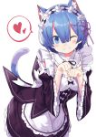  animal_ear_fluff animal_ears apron bangs black_ribbon blue_eyes blue_hair blush bow brown_bow brown_dress brown_sleeves cat_ears cat_girl cat_tail commentary detached_sleeves dress eyebrows_visible_through_hair frilled_dress frills grin hair_between_eyes hair_ornament hair_ribbon hairclip hands_up head_tilt heart juliet_sleeves kemonomimi_mode kuhotaka long_sleeves looking_at_viewer one_eye_closed paw_pose pink_ribbon puffy_sleeves re:zero_kara_hajimeru_isekai_seikatsu rem_(re:zero) ribbon ribbon-trimmed_sleeves ribbon_trim simple_background smile solo spoken_heart tail tail_raised white_apron white_background white_bow wide_sleeves x_hair_ornament 