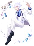  1boy animal blush cat earrings jewelry looking_at_viewer male_focus red_eyes rough_(talesrunner) shoes silver_hair simple_background spiked_hair talesrunner tuxedo 