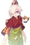  1girl bird breasts echo_(circa) fate/grand_order fate_(series) flame_print glasses green_hakama hair_over_one_eye hakama japanese_clothes kimono large_breasts long_sleeves looking_at_viewer mash_kyrielight mash_kyrielight_(enma-tei_uniform) purple_eyes purple_hair red_kimono short_hair short_ponytail sparrow wide_sleeves 