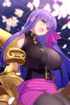  1girl bare_shoulders blush breasts brown_pantyhose claw_(weapon) claws collar criss-cross_halter crying echo_(circa) fate/extra fate/extra_ccc fate/grand_order fate_(series) flower hair_ribbon halterneck huge_breasts long_hair looking_at_viewer o-ring open_mouth pantyhose passionlip_(fate) pink_eyes pink_ribbon pink_shorts puffy_shorts purple_hair ribbon shorts smile solo striped_clothes striped_shorts tears very_long_hair weapon 