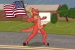 abs american_flag anthro armpit_hair balls body_hair building chest_hair digitigrade dinosaur erection foreskin genitals hi_res house humanoid_genitalia humanoid_penis hurricane male navel nipples outside penis pubes raining red_body reed_(tobythederg) reptile retracted_foreskin road saggy_balls scalie solo storm tail theropod tobythederg tyrannosaurid tyrannosauroid tyrannosaurus tyrannosaurus_rex united_states_of_america wind