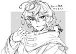  1boy 1other adjusting_clothes ahoge bird commentary_request gloves granblue_fantasy greyscale hair_between_eyes high_collar layered_sleeves light_blush looking_at_another monochrome musical_note parted_lips sandalphon_(granblue_fantasy) sandalphon_(valentine)_(granblue_fantasy) short_hair sketch smile solo spoken_musical_note sweater tekki_(tki) translation_request turtleneck turtleneck_sweater upper_body 