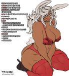 animal_ears animal_humanoid animal_tail big_breasts blue_eyes breasts choker cleavage clothed clothing cotton_tail dark_body dark_skin eyelashes fan_character female footwear franchico1994 fur grey_clothing grey_footwear grey_high_heels hair hi_res high_heels humanoid jewelry kneeling lagomorph lagomorph_humanoid leporid_humanoid lingerie long_hair looking_at_viewer mammal mammal_humanoid markings mole_(marking) mole_under_mouth muscular muscular_female my_hero_academia navel necklace one_eye_closed pink_clothing pink_lingerie rabbit_humanoid romi_usagiyama scar smile solo tail tail_motion tailwag text thick_thighs white_body white_fur white_hair wide_hips