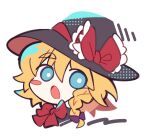  1girl :o black_hat blonde_hair blue_eyes bow bowtie braid bright_pupils commentary_request cookie_(touhou) hair_between_eyes hair_bow hat hat_bow kirisame_marisa looking_at_viewer medium_bangs meguru_(cookie) misosiru_0224 open_mouth portrait purple_bow red_bow red_bowtie short_hair side_braid simple_background single_blush_sticker single_braid solo thick_eyebrows touhou white_background white_pupils witch_hat 