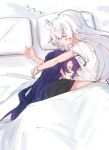  2girls black_shirt chinese_commentary commentary_request cross cross_earrings cuddling earrings from_above hair_down highres honkai_(series) honkai_impact_3rd jewelry kiana_kaslana long_hair lying mixed-language_commentary moonsun77773 multiple_girls on_bed on_side open_mouth pillow purple_hair raiden_mei shirt short_sleeves sleeping white_hair white_shirt yuri zzz 