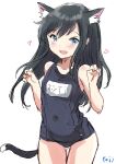  1girl animal_ear_fluff animal_ears asashio_(kancolle) ass_visible_through_thighs black_hair black_one-piece_swimsuit blue_eyes cat_ears cat_tail covered_navel flat_chest fuji_(pixiv24804665) highres kantai_collection long_hair name_connection old_school_swimsuit one-piece_swimsuit school_swimsuit simple_background smile solo swimsuit tail thigh_gap white_background 