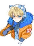  1girl absurdres animal_ears animification apex_legends blue_gloves blush bodysuit cat_ears gloves highres hood hood_down hood_up hooded_bodysuit hooded_jacket jacket orange_jacket pointing pointing_at_self simple_background sketch smile solo tomitacchi upper_body v-shaped_eyebrows wattson_(apex_legends) white_background white_bodysuit 