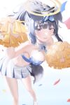  1girl absurdres animal_ears bare_legs black_hair blue_archive blue_eyes breasts dog_ears dog_girl dog_tail goggles halo hibiki_(blue_archive) hibiki_(cheer_squad)_(blue_archive) highres junsick large_breasts long_hair looking_at_viewer millennium_cheerleader_outfit_(blue_archive) miniskirt navel official_alternate_costume pom_pom_(cheerleading) ponytail simple_background skirt solo standing tail white_background white_skirt yellow_halo 