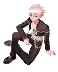  1boy chains earrings jewelry looking_up male_focus pants red_eyes rough_(talesrunner) shoes silver_hair simple_background sitting smile spiked_hair talesrunner white_background 