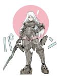  1girl armor blue_eyes breasts broken_armor full_body gloves hand_on_hip holding holding_sword holding_weapon long_hair nier_(series) nier_automata pantyhose see-through shinya_komi solo sweatdrop sword thighhighs weapon white_hair yorha_type_a_no._2 