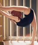  1girl absurdres ass athletic_leotard bare_legs barefoot blurry blurry_background breasts brown_eyes brown_hair contortion contortiong depth_of_field flexible highres ladder leotard original oversplit short_hair small_breasts solo split standing standing_on_one_leg standing_split stretching thighs 