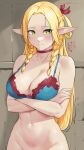  1girl 2024 arms_under_breasts bare_arms bare_shoulders blonde_hair blue_bra bra braid breasts bright_pupils choker closed_mouth crossed_arms damobelmont dungeon_meshi elf green_eyes groin hair_ribbon highres large_breasts light_blush light_frown long_hair long_pointy_ears looking_at_viewer low_twin_braids marcille_donato navel out-of-frame_censoring pointy_ears red_choker red_ribbon ribbon signature solo stomach twin_braids underwear upper_body very_long_hair white_pupils 