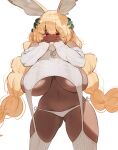  animal_ear_fluff animal_ears ass_visible_through_thighs bare_shoulders blonde_hair blush braid breasts clothing_cutout commission dark-skinned_female dark_skin highres huge_breasts long_hair meme_attire navel no_bra original panties pixiv_commission rabbit_ears rabbit_girl red_eyes ryusei_hashida shoulder_cutout side-tie_panties simple_background sleeves_past_wrists smile stomach sweater twin_braids underwear very_long_hair virgin_destroyer_sweater white_background white_sweater 