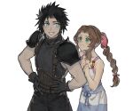  1boy 1girl aerith_gainsborough armor belt black_gloves black_hair blue_eyes braid braided_ponytail brown_hair crisis_core_final_fantasy_vii dress final_fantasy final_fantasy_vii gloves green_eyes hair_ribbon ivy60530 long_dress long_hair multiple_belts parted_bangs pink_ribbon ribbon shirt short_hair shoulder_armor sidelocks sleeveless sleeveless_turtleneck smile spiked_hair suspenders turtleneck zack_fair 