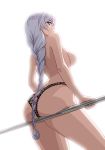  ass ass_support back bangs black_panties blue_eyes braid breasts from_behind from_below gotointhepark hair_between_eyes honkai_impact kallen_kaslana lace lace_panties large_breasts long_hair looking_at_viewer looking_back panties railing silver_hair simple_background single_braid sitting solo topless underwear white_background 