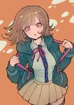  1girl absurdres black_thighhighs blush breasts brown_hair collared_shirt danganronpa_(series) danganronpa_2:_goodbye_despair from_above green_jacket green_shirt highres hood hood_down hooded_jacket jacket large_breasts looking_at_viewer looking_up medium_hair nanami_chiaki open_clothes open_jacket pink_eyes pink_ribbon pleated_skirt ribbon shirt skirt solo thighhighs youko-shima 