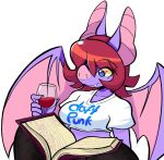 2021 5_fingers anthro bat bat_wings blue_eyes book breasts clothing crop_top daft_punk digital_drawing_(artwork) digital_media_(artwork) eyelashes female fingers hair hi_res holding_wine_glass mammal membrane_(anatomy) membranous_wings midriff pink_inner_ear pink_nose pink_wings purple_body purple_ears purple_face purple_skin purple_wings qwerty_soda reading reading_book red_hair shirt simple_background snaggle_tooth solo text topwear white_background white_clothing white_crop_top white_topwear wings yellow_sclera