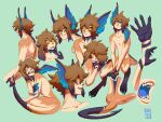  1boy absurdres ahoge animal_ears bird_ears blue_eyes blue_tongue brown_hair claws colored_sclera colored_tongue commentary completely_nude english_commentary full_body furry furry_male green_background highres kitkaloid male_focus medium_hair multiple_views nipples nude original sharp_teeth simple_background sweat tail teeth yellow_sclera 