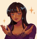  1girl artist_name blue_eyes blunt_bangs crossed_arms dress english_commentary eyelashes highres lace_dress lace_sleeves long_sleeves looking_at_viewer medium_hair nico_robin one_piece purple_dress simple_background slkflowr smile solo sparkle upper_body 