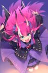  1girl blue_eyes blush breasts detached_sleeves dragon_girl dragon_horns dragon_tail dress echo_(circa) elizabeth_bathory_(fate) elizabeth_bathory_(japan)_(fate) fate/grand_order fate_(series) horns long_hair looking_at_viewer open_mouth pink_hair pointy_ears purple_dress small_breasts tail wings 