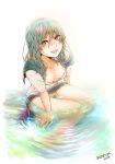  afrostar breasts cleavage fang green_eyes green_hair grin highres long_hair looking_at_viewer original partially_submerged pleated_skirt school_uniform serafuku skirt smile solo wet wet_clothes 