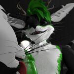 absurd_res anthro blender_(software) blender_cycles bodily_fluids cum cum_on_tongue duo fur genital_fluids genitals green_body green_eyes green_fur green_hair green_penis hair hi_res horn huge_filesize kabalio-lll knot licking licking_cum male male/male oral oral_invitation penile penis penis_lick precum rexouium sex tongue vrchat white_body white_fur